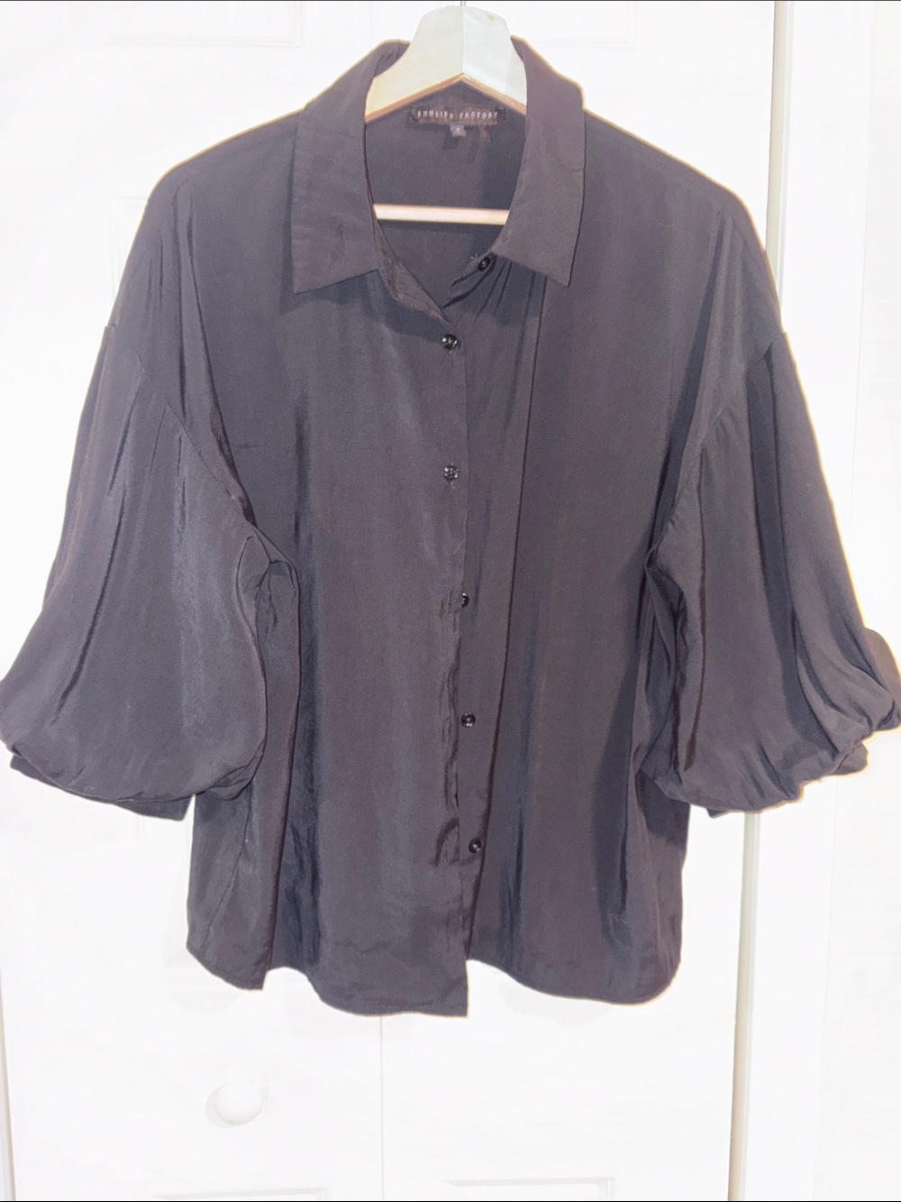 English Factory Black Button-Down Blouse with Balloon Sleeves